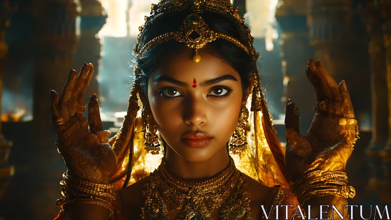 Regal Indian woman in temple light with ornate gold adornment.