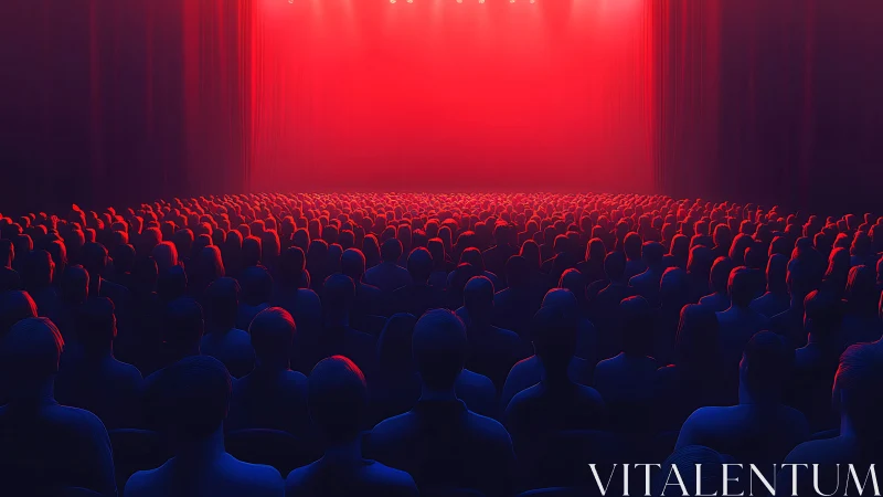 3D audience under red stage wash with sculptural silhouettes.