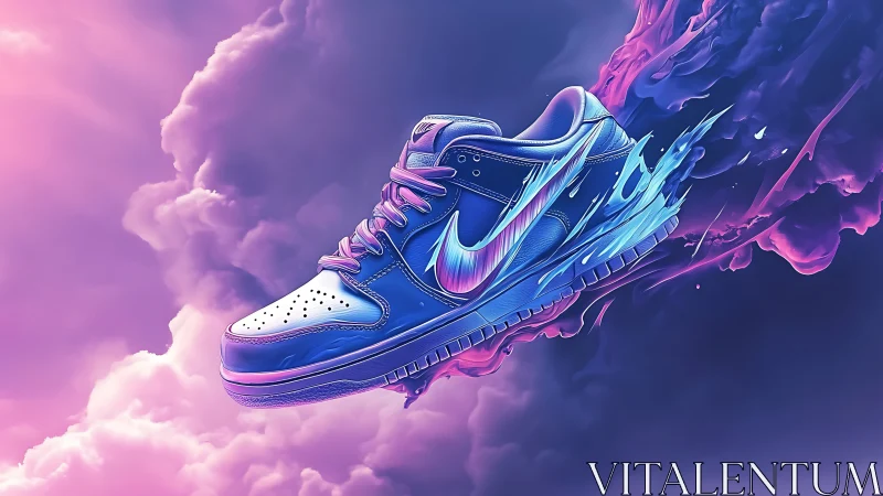 Cosmic sprint sneaker blazing through neon dream clouds.