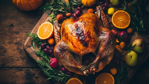 Roast turkey on wooden board with citrus and autumn garnish.