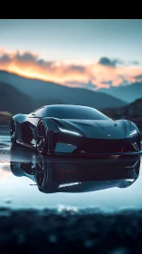 Low-profile sports car on wet road at dusk, front view.