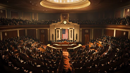 Grand legislative chamber glows during a formal national address