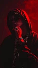 Hooded streetwear figure broods in dramatic red neon haze