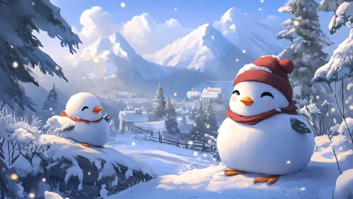 Snowy bird snowmen sit in bright winter mountain valley