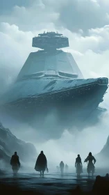 Massive star destroyer hovers over cloaked figures in mist