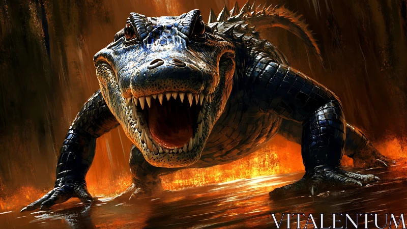 Predatory armored crocodile lunging across molten shallows.