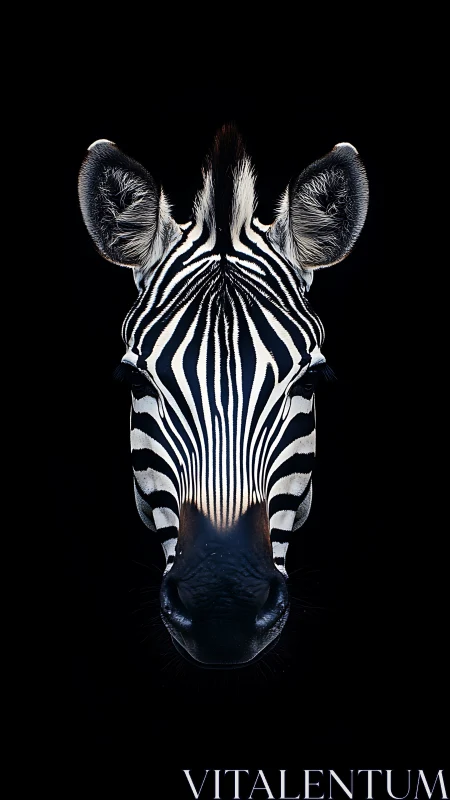 Zebra head captured frontally against deep black background