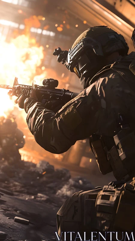 Soldier model aims rifle in lit urban combat simulation