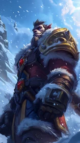 Armored beast warrior surveying snowy mountain pass.