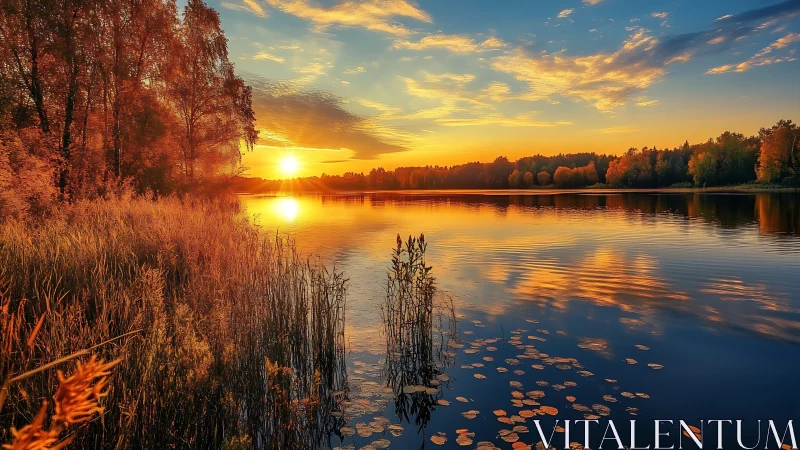 Autumnal lakeshore at low solar angle with mirrored cloudfields.