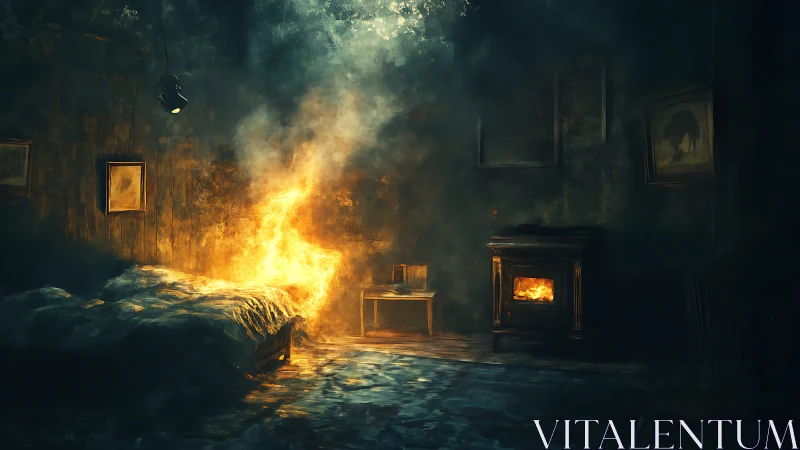 Room engulfed in flames with fireplace burning intensely.