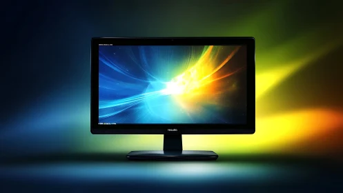 Sleek desktop monitor with abstract light burst display.