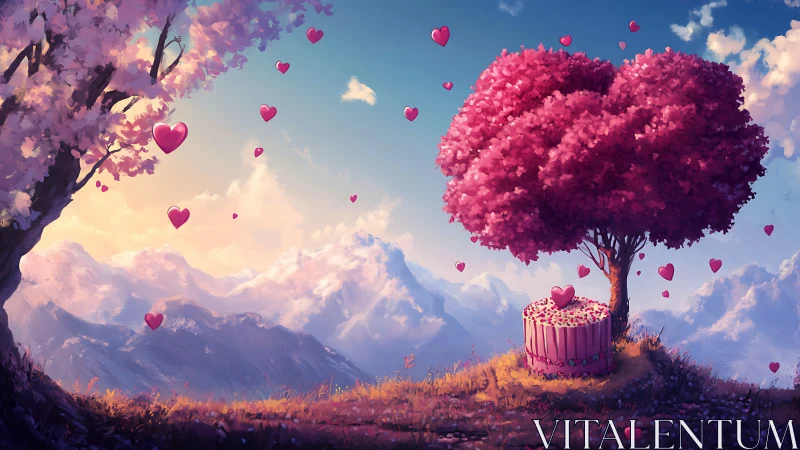 Heart-Shaped Tree in Surreal Mountain Landscape.