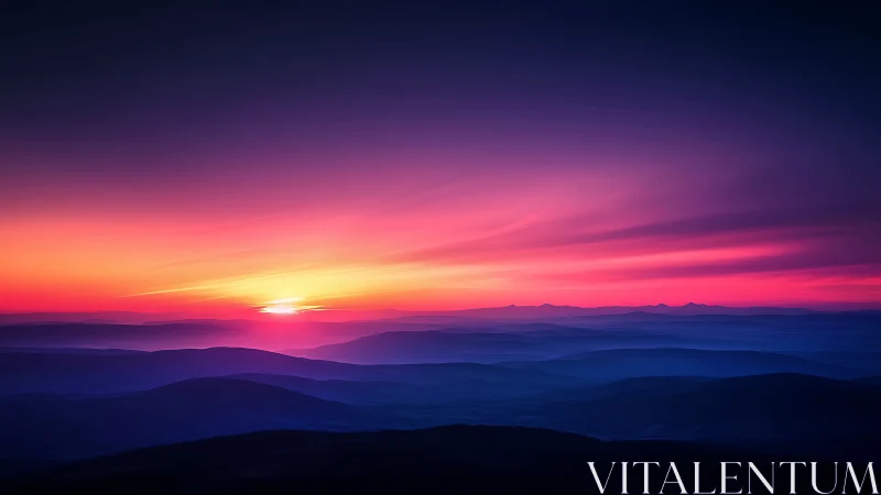 Dawn ignites indigo mountains beneath a neon-bathed sky.