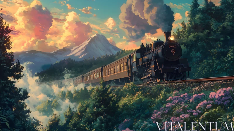 Steam train crossing lush mountain landscape at sunset.