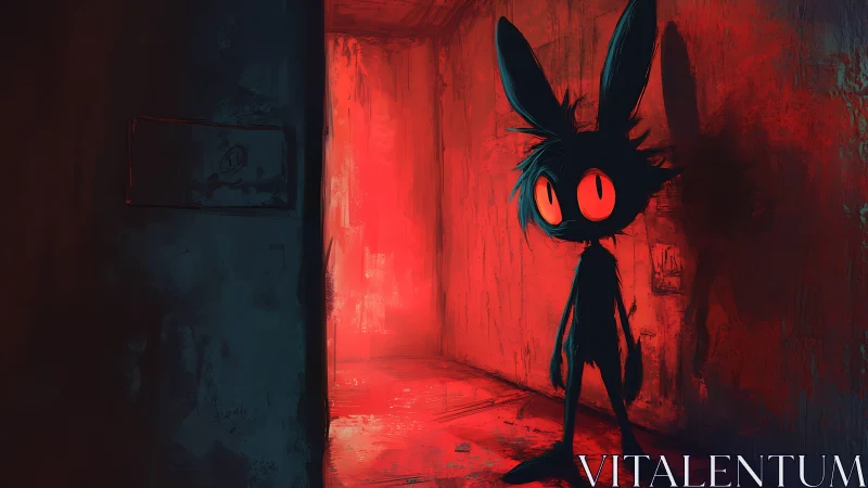 Shadow rabbit figure in red lit hallway scene.