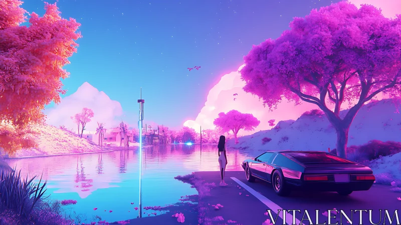 Dreamy neon lakeside drive with a lone traveler at dusk.