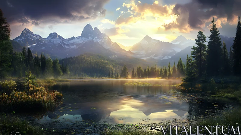 Mountain lake at sunrise with forest reflections.