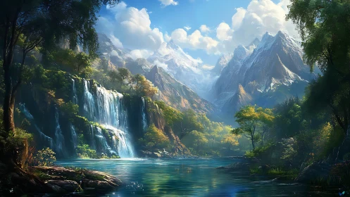 Sunlit waterfall descends into tranquil alpine lake valley