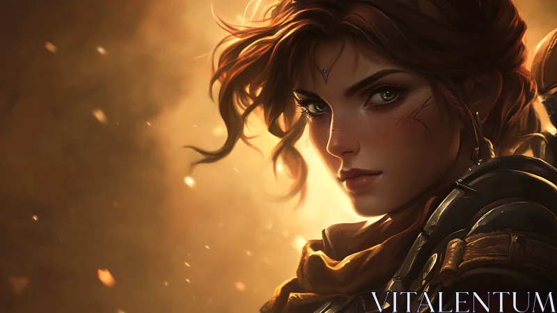 Warrior heroine portrait in molten backlight and embers.