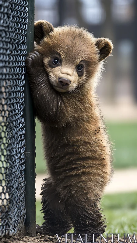 Brown bear cub standing against metal fence post outdoors.