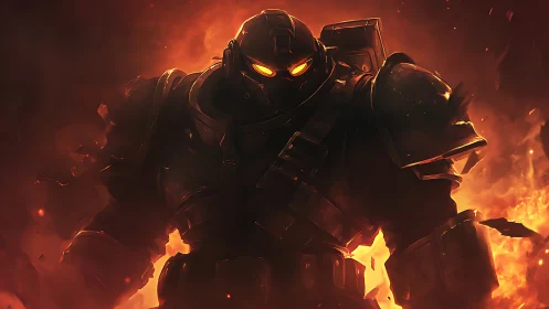 Molten-eyed war titan strides through a storm of burning ash