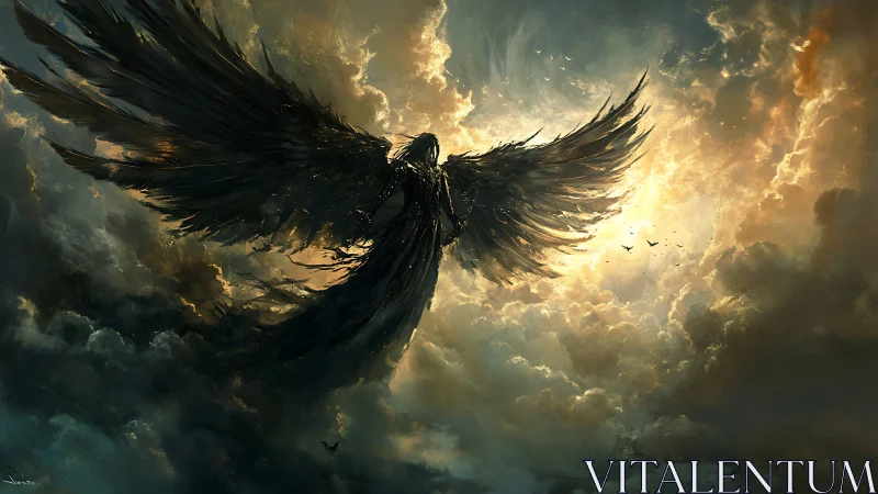 Dark seraph ascends through stormlit celestial clouds.