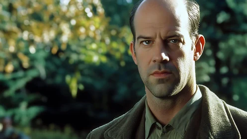 Bald man studies camera under soft forest daylight bokeh.