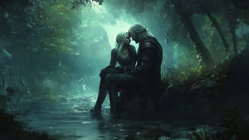 Two figures embrace in rain-soaked forest illuminated by ethereal green light