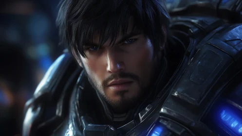 Brooding sci fi soldier stares ahead in glowing armor