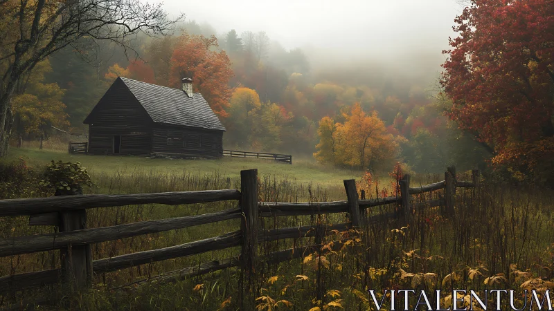 Rustic log cabin in misty autumn meadow with receding fence line