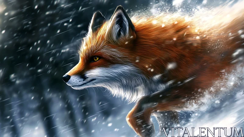 Dynamic red fox sprinting through wind-swept winter snowfall