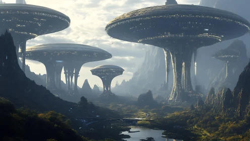 Futuristic elevated city structures above river valley landscape.