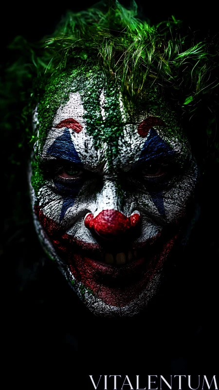 Sinister green-haired clown portrait in dark lighting.