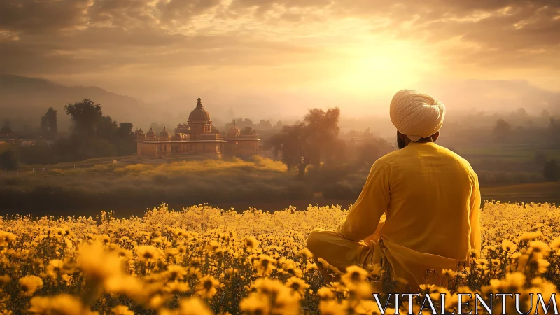 Turbaned figure observes distant temple across yellow field