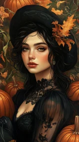 Autumn witch resting softly among golden pumpkins and leaves.