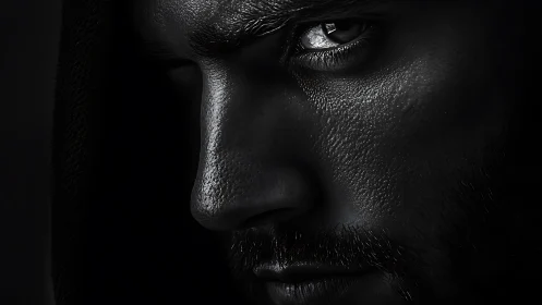 Brooding male portrait in stark low key side lighting.
