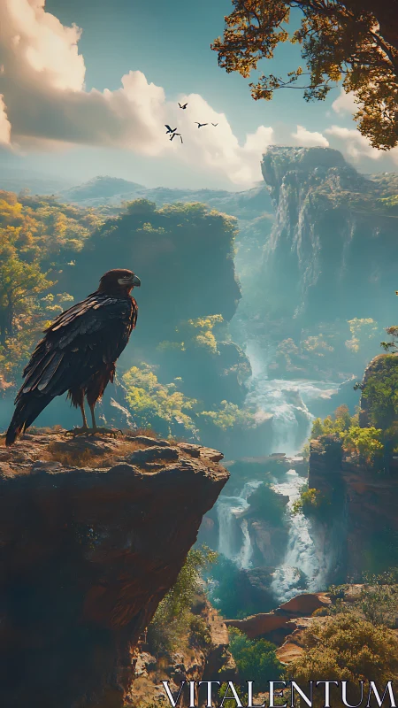 Eagle sentinel above sunlit canyon waterfalls at dawn.