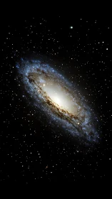 Spiral galaxy with bright core in dense star field in space.