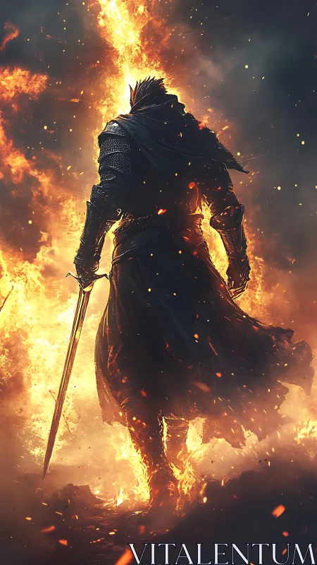 Armored swordsman standing amid vertical wall of fire.