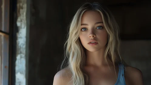 Young blonde woman in soft window light portrait study.