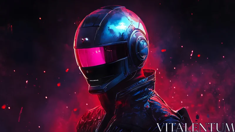 Cybernetic rider in neon magenta visor and chrome helmet.