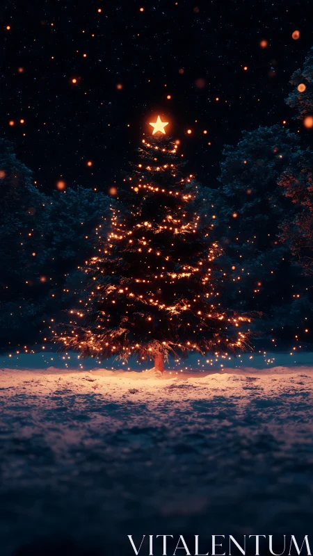 Illuminated outdoor tree with star topper in winter landscape.