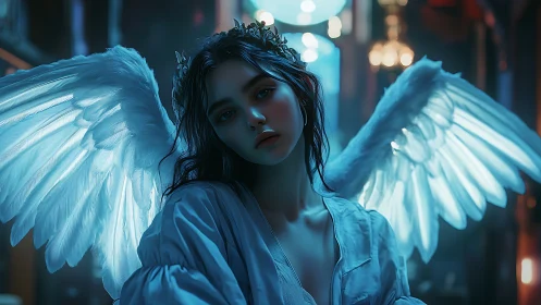 Bioluminescent angelic portrait with backlit wings, cobalt bokeh