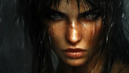 Rain-soaked huntress locks stormlit eyes on her target.