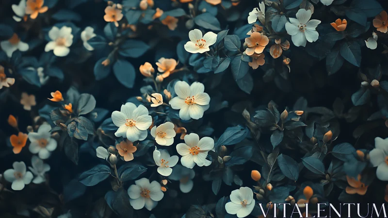 Nocturnal Garden: White and Orange Blossoms Against Dark Foliage.