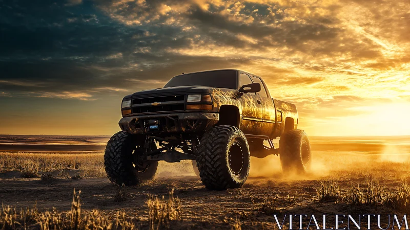 Lifted off-road truck powers through desert sunset dust