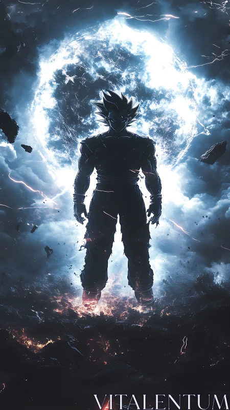 Saiyan warrior silhouette ignites before colossal storm moon