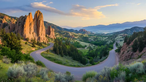 Golden cliffs and winding mountain road welcome soft dawn light