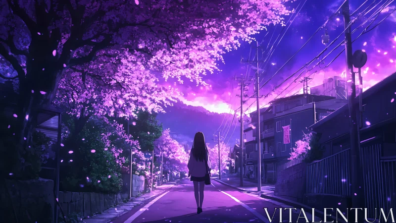 Girl walking under glowing purple cherry blossom street.